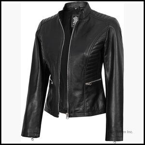 Real Lambskin Leather Jacket Women Cafe Racer Style Slim Fit